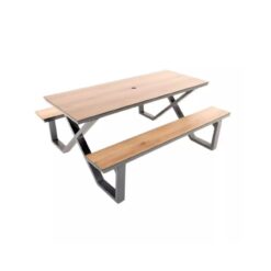 Table de pique-nique moderne bois et métal avec bancs intégrés
