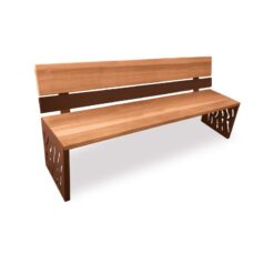 Banc public design en bois et métal rouille perforé