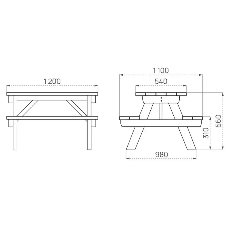 Plan technique table pique-nique avec dimensions en millimètres