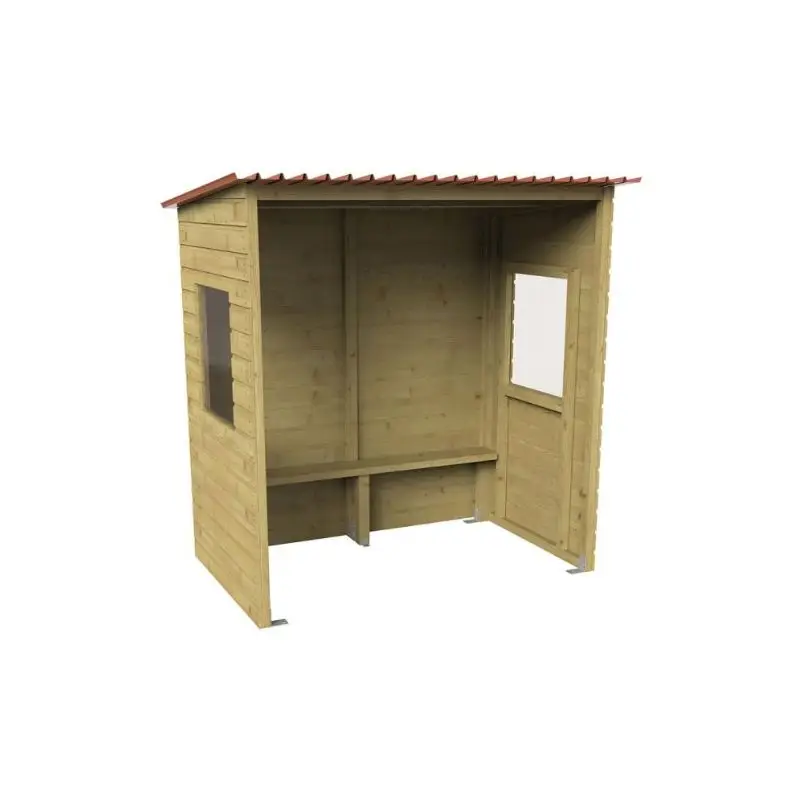 Abri de jardin en bois avec toit rouge et banc intégré