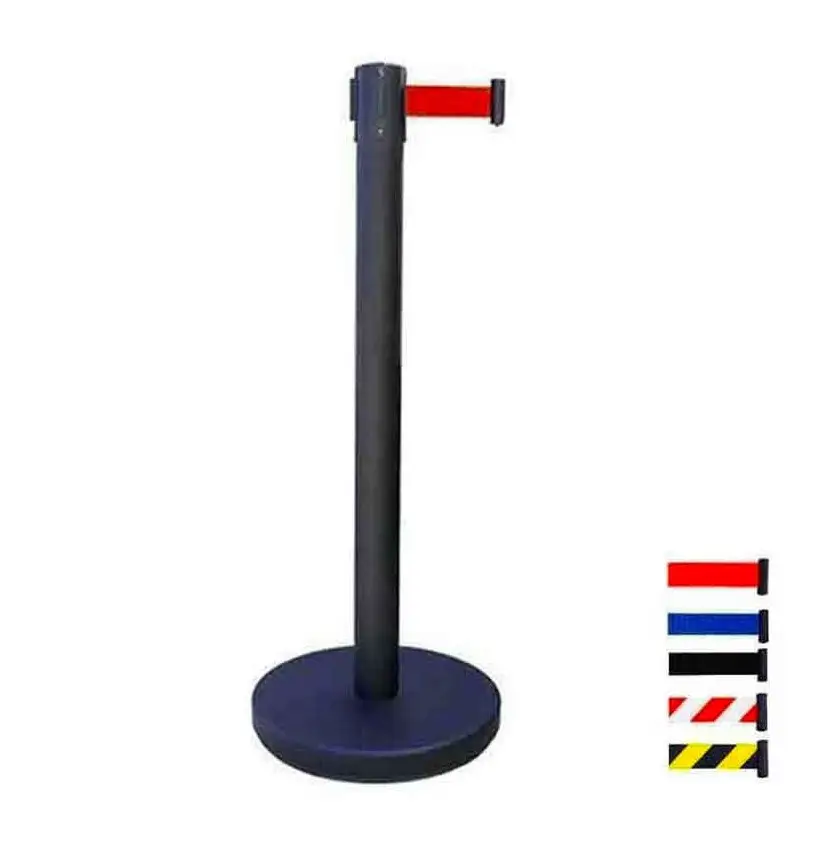 Poteau de file d'attente noir avec sangle rouge rétractable