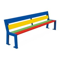 Banc public multicolore avec dossier bleu jaune vert rouge