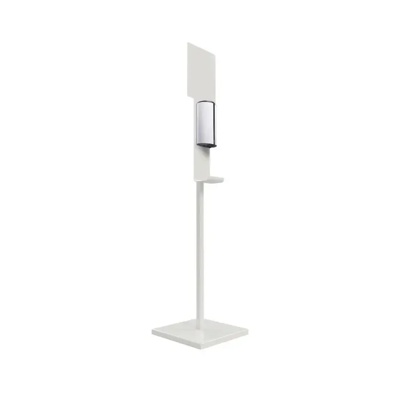 Distributeur de gel hydroalcoolique sur pied blanc avec panneau