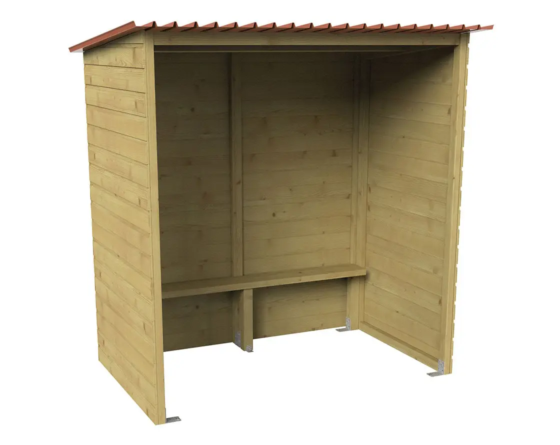Abri de jardin en bois avec toit rouge et étagères