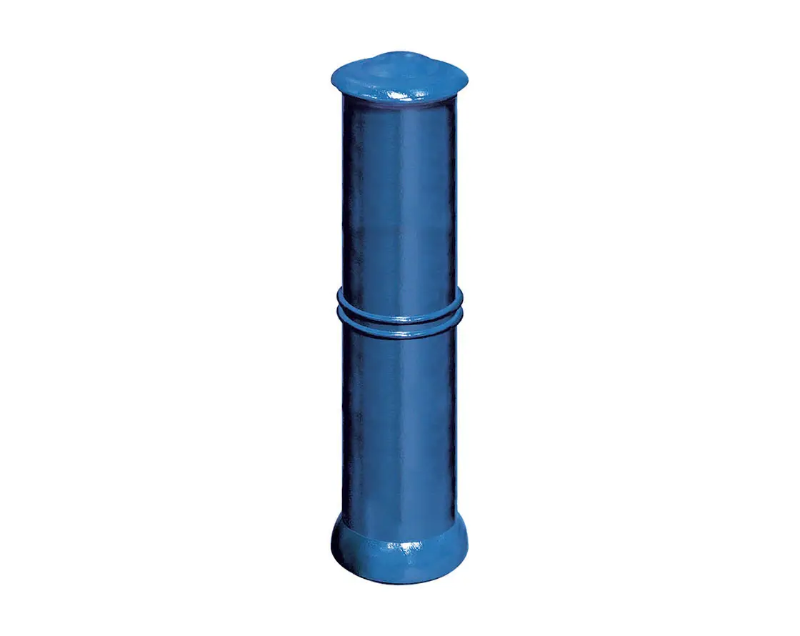 Bollard cylindrique en fonte bleue sur fond blanc