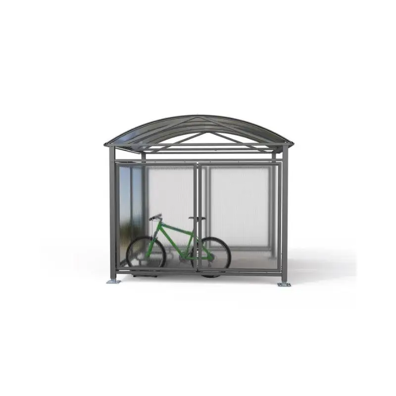 Abri vélo fermé en métal gris avec toit voûté transparent